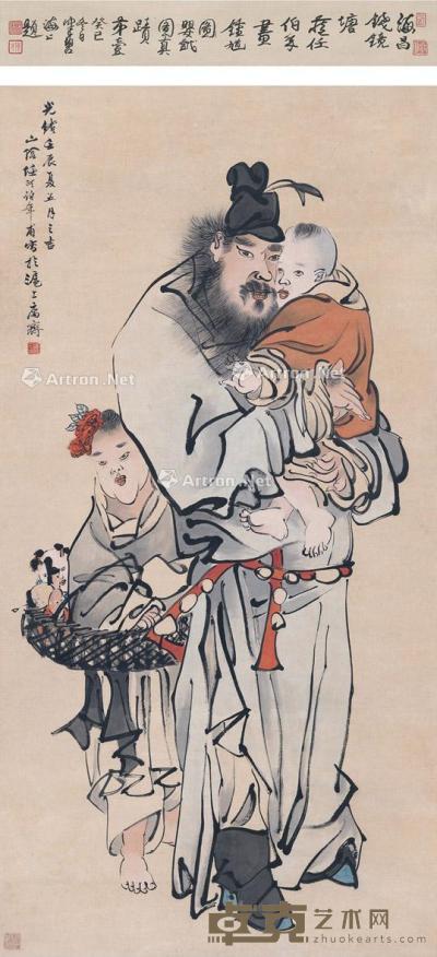  1892年作 钟馗婴戏图 镜片 设色纸本 122×61.5cm