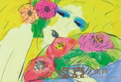 1987年作 持扇佳人 纸本 彩墨 丙烯 32×48cm