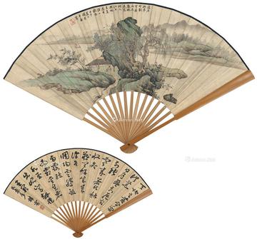  1942年作 青山孤亭图·书法 成扇 设色纸本