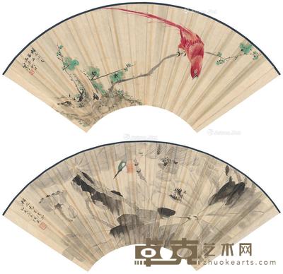 荷花小鸟图·梅花绶带图 扇面 设色纸本 51×19cm