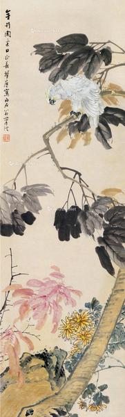  鹦鹉花卉 立轴 设色纸本