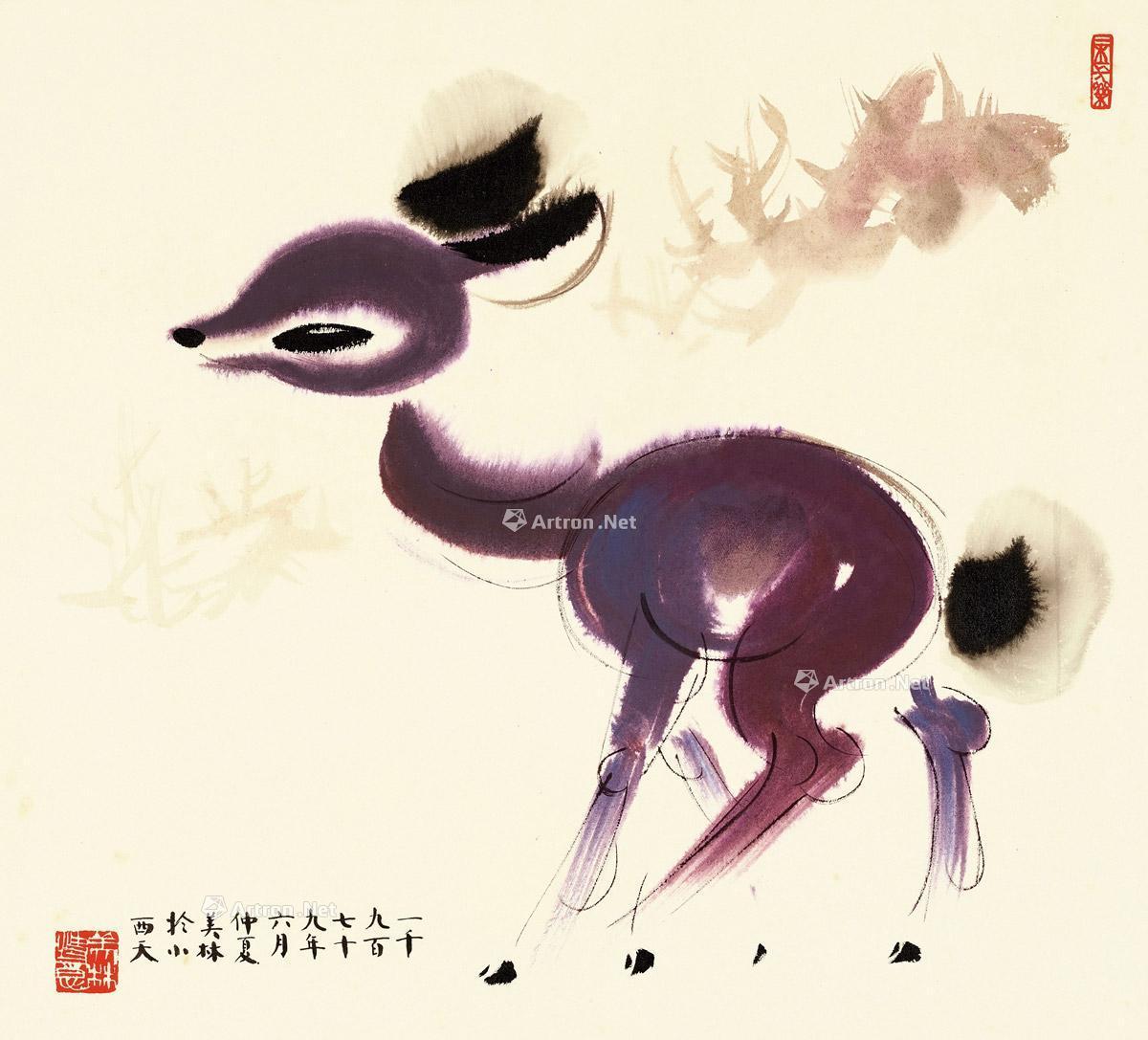 1979年作小鹿镜片设色纸本