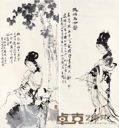 玉女图 (二件) 立轴 水墨纸本 95.5×44cm×2