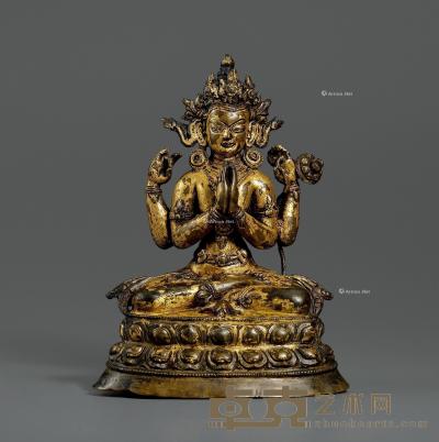  十四世纪 合金铜鎏金四臂菩萨坐像 高17.5cm