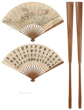  茅屋待客图·临石鼓文 成扇 设色纸本