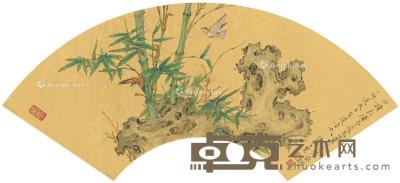 竹石小鸟图 扇页 设色泥金纸本 46×15.5cm
