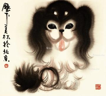  狮子狗 镜片 设色纸本