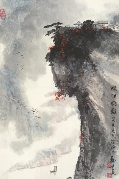  峡江帆影 镜片 设色纸本