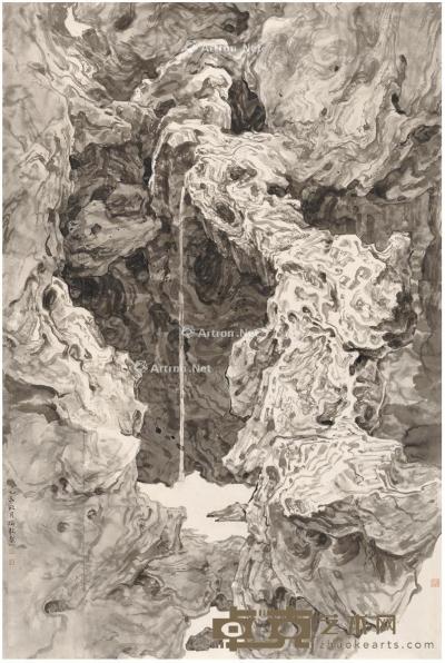  2015年作 怪石飞泉图 镜片 水墨纸本 172×115cm