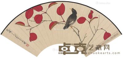  1945年作 红叶小鸟图 扇面 设色纸本 53×18.5cm