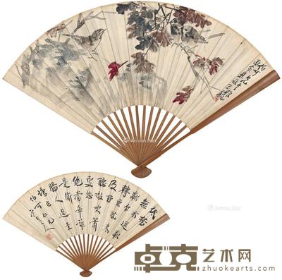 行书七言诗·红叶栖禽图 成扇 设色纸本 49×18.5cm