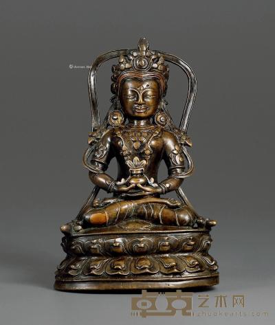  十三世纪 合金铜嵌银眼无量寿佛坐像 高14.2cm