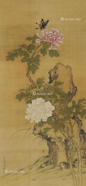  牡丹蝶石 镜心 绢本