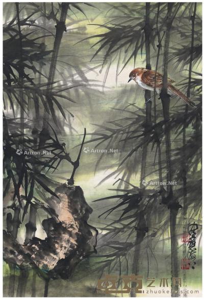  竹林小鸟图 立轴 设色纸本 68×46cm