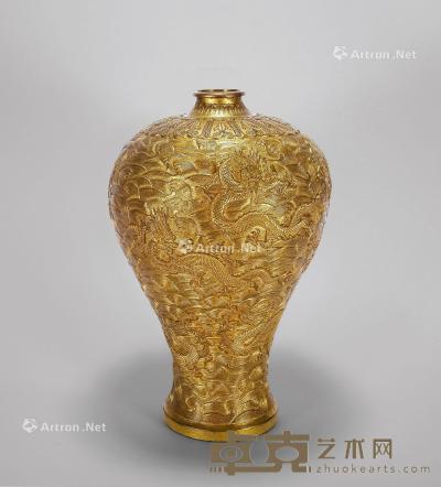  清 铜鎏金海水龙纹梅瓶 高29cm