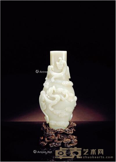  清·白玉雕螭龙纹长颈瓶 带座高24cm；高20.2cm