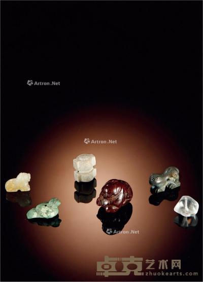 东汉-六朝·玉雕瑞兽、绿松石鸟、水晶珠等 （一组六件） 尺寸不一
