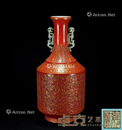  清 珊瑚红釉描金花卉双耳瓶 高41cm