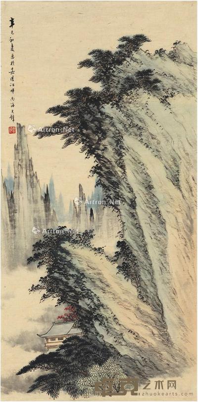 1941年作 松崖峭壁图 画心 设色纸本 88×43.5cm