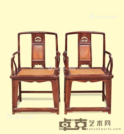  清 红木如意头官帽椅 （一对） 高98cm