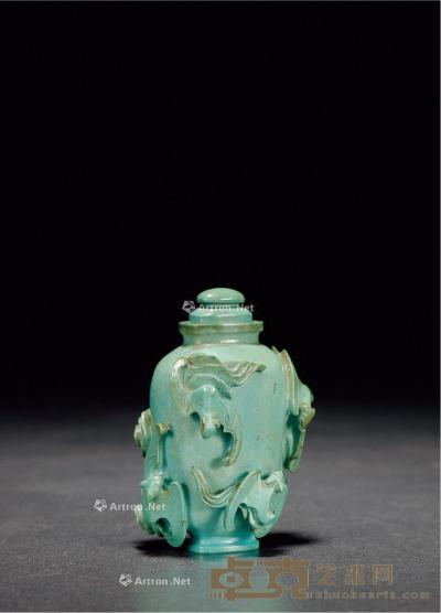  清·绿松石雕福寿纹鼻烟壶 高7.3cm