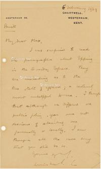  1939年作 丘吉尔 因对德抗战的政见致男爵亲笔信