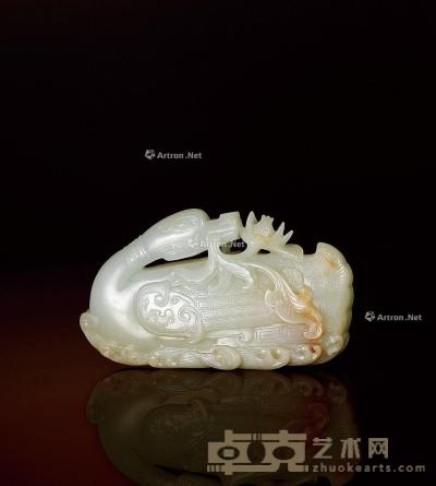  清·白玉雕宝鸭衔莲把件 长10.7cm