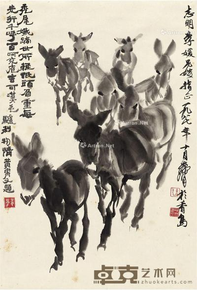 1987年作 群驴图 立轴 水墨纸本 67×44.5cm