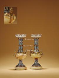  1880年制 新古典风格铜鎏金装饰缟玛瑙填珐琅烛台