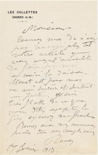  1913年1月17日作 雷诺阿 有关莫奈的亲笔信