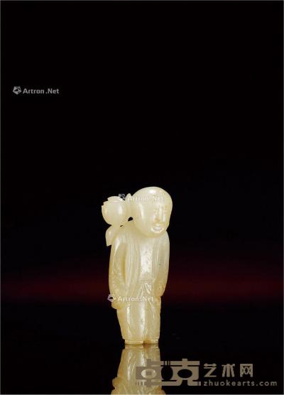  清·白玉雕持莲童子 高4.8cm