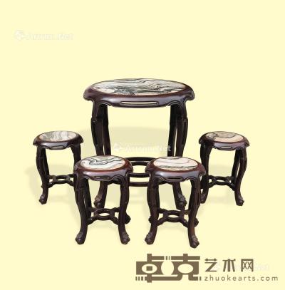  清 红木嵌大理石圆桌 （一套） 直径76cm