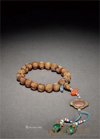  清·沉香寿字纹金珠十八子持珠 珠径1.8cm；总重79g