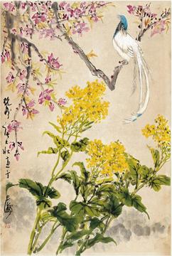  花枝绶带图 镜片 设色纸本