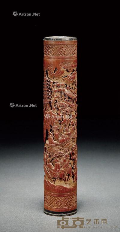  清·竹雕群仙祝寿图香筒 高21.5cm；口径4cm
