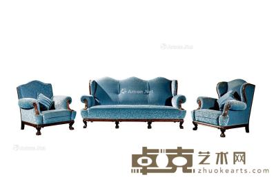  1920年制 英国蓝丝绒沙发三件套组 长沙发高95cm；长200cm；宽80cm；短沙发高95cm；长90cm；宽80cm