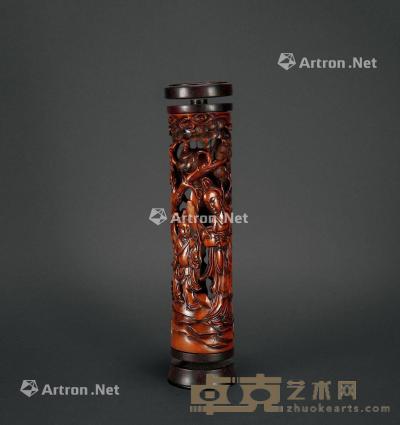  清 黄杨木透雕人物香筒 高27cm