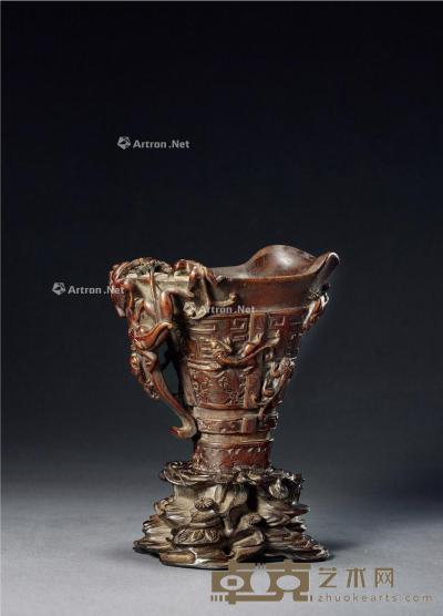  清·沉香雕仿螭龙犀角杯 带座高18.2cm；高12.5cm；长14cm；重159g