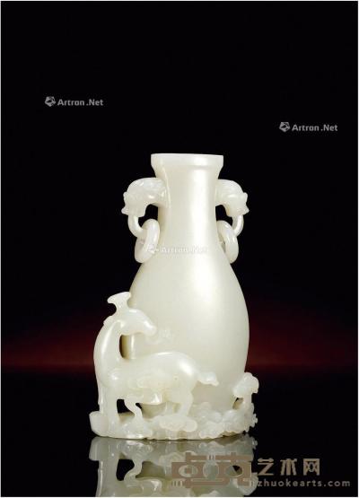  清·白玉浮雕一路平安兽耳活环瓶 高13.5cm