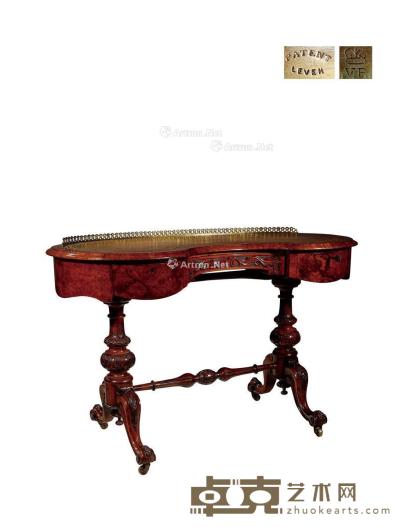  1900年制 英国维多利亚风格瘿木面腰果式写字桌 高74.5cm；长115cm；宽55cm