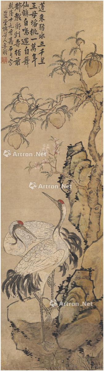 1754年作 仙鹤蟠桃图 立轴 设色纸本 164.5×46cm