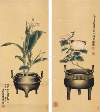  1898年作 钟鼎花卉 对屏 设色纸本