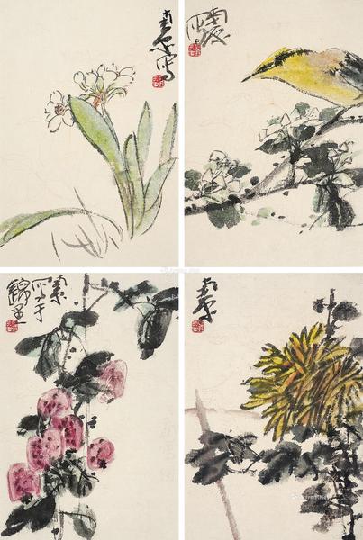  花鸟 （四帧） 镜芯 纸本设色