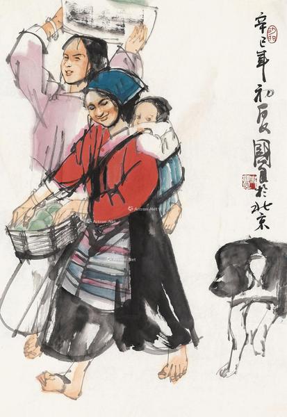  辛巳（2001年）作 赶集图 镜芯 纸本设色