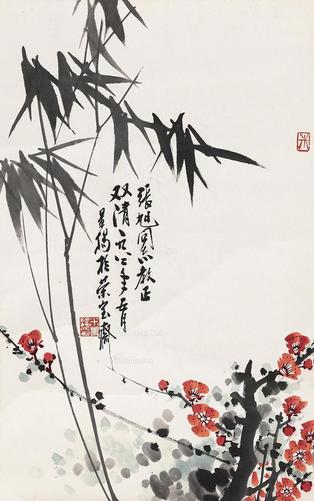  1982年作 双清图 立轴 纸本设色