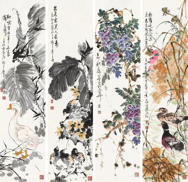  辛卯（2011年）作 花鸟四屏 镜芯 纸本设色