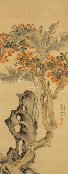  壬申（1632年）作 古木繁花傍芭蕉 立轴 绢本设色