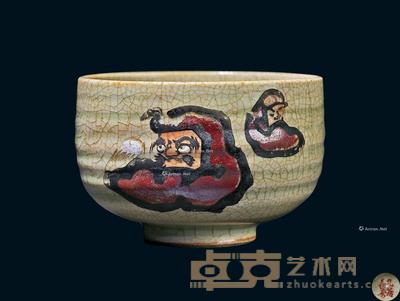 * 清代 哥釉弦纹压手杯(达摩面壁图纹) 高5.8cm;直径8.3cm