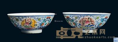 * 清代 五彩福寿供碗 (一对) (高4.7cm;直径11.8cm;底直径5cm)×2