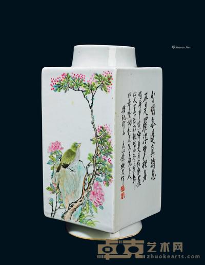 民国 余焕文山水花鸟诗文琮式瓶 高30cm